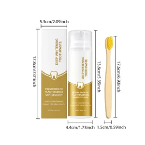 Deep whitening toothpaste set with pump bottle and bamboo toothbrush for daily oral care.
