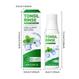 Mint fresh mouthwash detail view showing bottle and box size dimensions with herbal mint ingredients.