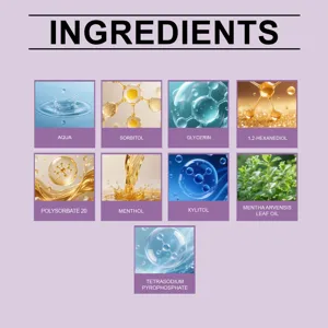 Mouthwash ingredient details infographic highlighting natural mint extracts and active dental formulas.