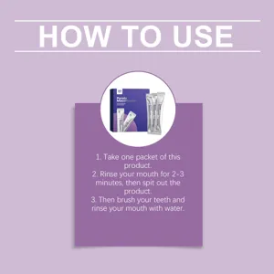 Portable travel mouthwash detail showing product box and convenient single-use stick packets.