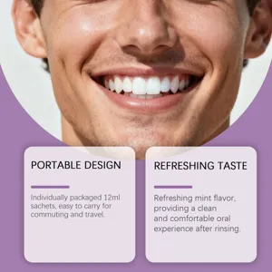 Portable mint mouthwash, 12ml individual sachets, refreshing clean oral care experience.
