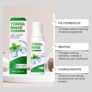 Detailed view of refreshing mint mouthwash bottle and box with herbal ingredient callouts.