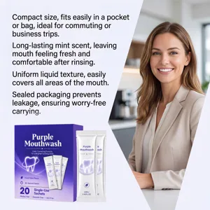 Portable purple mouthwash sachets with long-lasting mint scent for fresh breath on the go.