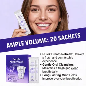 Detail view of portable purple mouthwash sachets with refreshing mint flavor for daily oral care.