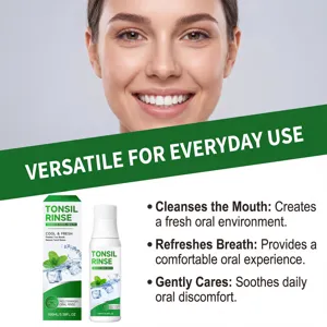 Close-up detail of mint mouthwash bottle and box with refreshing everyday oral care features.