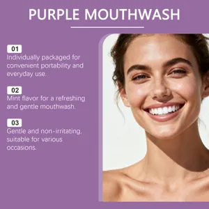 Detail shot of portable mint mouthwash features individual packaging and refreshing flavor.