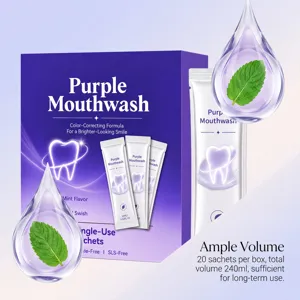 Purple mouthwash travel sachets, mint flavor breath freshener and oral care dental kit.