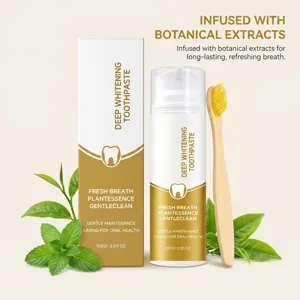 Deep whitening toothpaste with botanical extracts for fresh breath and gentle oral care.