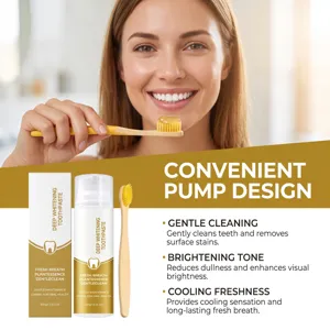 Close-up detail shot of pump whitening toothpaste with wooden toothbrush and clean smile model.