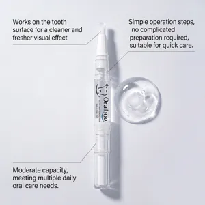 Oralhoe teeth whitening pen detail view, portable oral care tool with gel drop display.