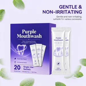 Portable purple mouthwash in 20 convenient sachets, providing fresh breath and gentle care.