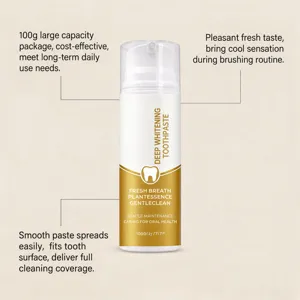 Close up detail showing pump dispenser mechanism and gentle whitening toothpaste texture.