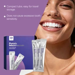 Portable purple mouthwash travel sticks with fresh mint, gentle whitening for daily dental care.