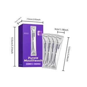 Detail view of purple mint mouthwash sticks and box showing size dimensions and packaging layout.