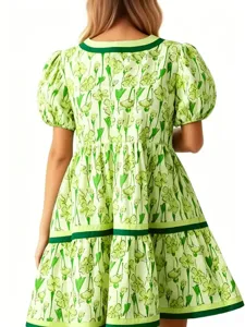 Green floral print puff sleeve tiered dress casual loose retro princess dress for women