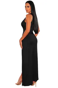 Detail view of the elegant black sleeveless maxi dress, showcasing fit and slit design.