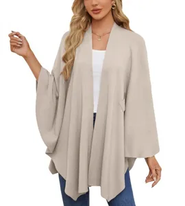 Elegant women solid color open front knitted poncho cape cardigan top fashion apparel.