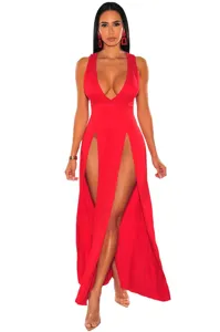 Details of the stunning red deep V neck high slit sleeveless club dress for summer parties.