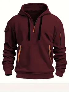 Felpa con cappuccio tattica casual da uomo con mezza zip e tasche multiple pratiche.