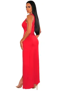 Women red sleeveless maxi dress elegant slit long party dress summer fashion apparel