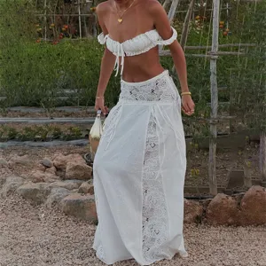 Details of the white off-shoulder crop top and lace maxi beach skirt set for women.