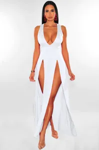 Deep V-neck high slit white maxi dress elegant sexy bandage club dress for women summer