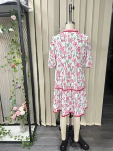 European style digital printed long loose casual dress with elegant tiered floral design.