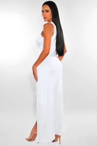 Sleeveless deep v-neck maxi dress with high side slit, elegant solid color club party long gown.
