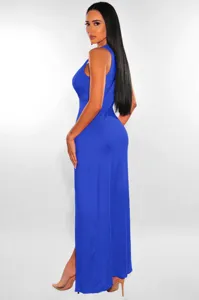 Detail view of the elegant royal blue sleeveless maxi dress with slit, stylish design.