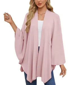 Women Elegant Solid Color Soft Poncho Cardigan Cloak Open Front Outerwear Tops