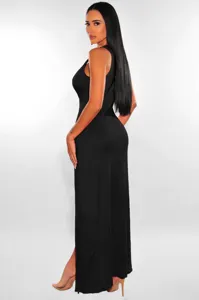 Elegant black sleeveless maxi dress, sexy V-neck side slit evening party gown for women
