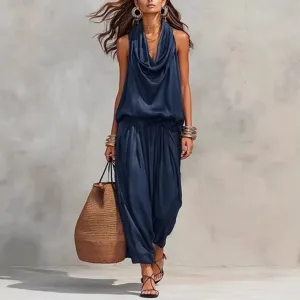 Haut et Bas Élégant pour Femme Col Drapé Sans Manches Top et Pantalon Long Couleur Unie Tenue Décontractée
