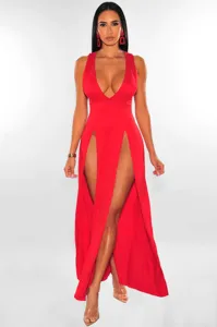Sexy red deep V high slit long dress elegant bandage club party dress for women