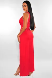 Women's red sleeveless maxi dress, sexy slim fit high slit long party dress for summer.