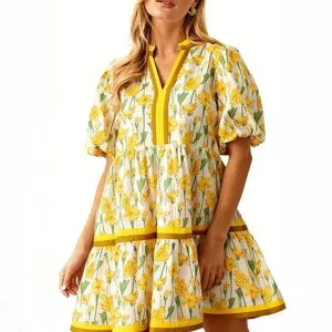 Floral print short sleeve tiered midi dress V-neck casual vintage princess dress