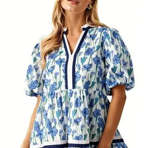 Floral print V-neck short puff sleeve casual women dress summer stylish blue white gown