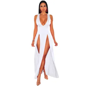 Sexy white deep V-neck high slit long dress for women, elegant sleeveless party club maxi dress.