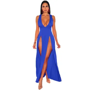 Women Sexy Deep V Neck High Split Long Dress Slim Fit Sleeveless Elegant Party Night Club Bandage Maxi Dress