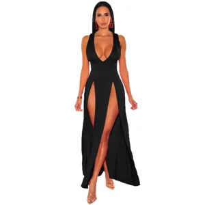 Women black deep v-neck high slit long dress summer party club sleeveless bandage maxi gown