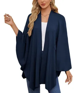 Soft navy blue cape detail, elegant open front style, comfortable fabric, chic overlay design.