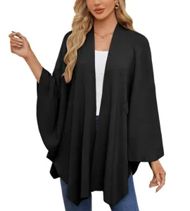 Women solid color open front poncho cape cardigan elegant casual cloak outerwear black