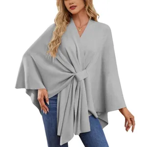 Women's Elegant Solid Color Knit Poncho Cape Open Front Wrap Shawl Sweater Outerwear