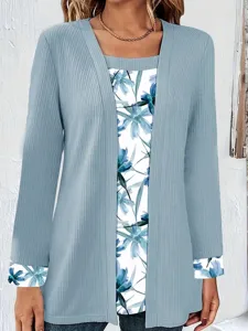 Chic European style women's floral patchwork fake two-piece cardigan t-shirt detail view.