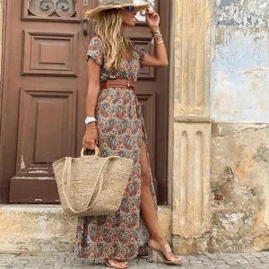 Vestido maxi bohemio cuello V manga corta estampado paisley con cinturón mujer vista principal