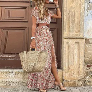 Vestido largo bohemio con estampado floral cuello V para mujer elegante ropa de playa