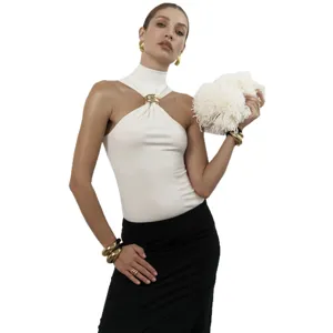 Stylish women's summer white halter sleeveless top with chic gold ring detail for modern fashion.