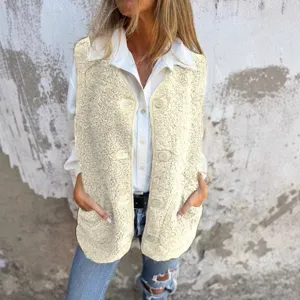 Women Casual Fleece Button Vest Jacket Winter Warm Sleeveless Outerwear Solid Color Retro Style V Neck Single Breasted Waistcoat