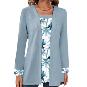 Women Long Sleeve Fake Two Piece Cardigan Blue Ribbed Floral Print Casual Daily Top