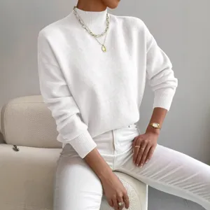 Donna maglione collo alto maniche lunghe bianco top in maglia largo autunno inverno