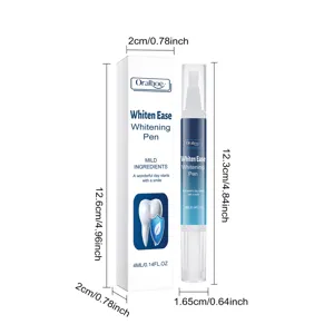Detailed view of the teeth whitening pen and packaging box with precise dimension measurements.